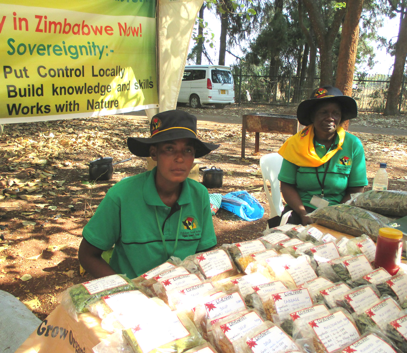 Members of the Zimbabwe Organic Smallholder Farmers Forum display their seeds at a seed fair. Seed fairs bring together a range of sellers from whom local farmers may purchase indigenous seeds rather than from vendors tied to corporate agriculture. Photo courtesy of Elizabeth Mpofu.