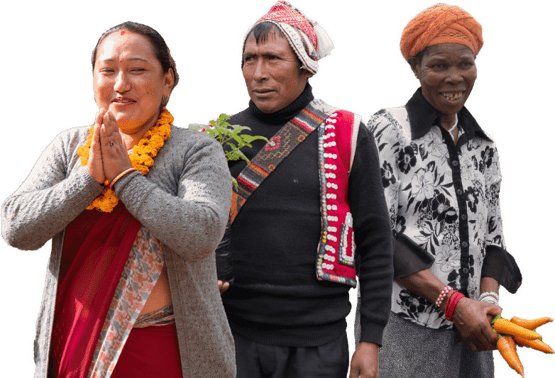 Standout image of three people: one is a woman who is garlanded, holidng her hands in a namaste pause, wearing a saree and smiling. One is an Indigenous man holding a plant. One is a Black woman, smiling and holding a bunch of carrots.