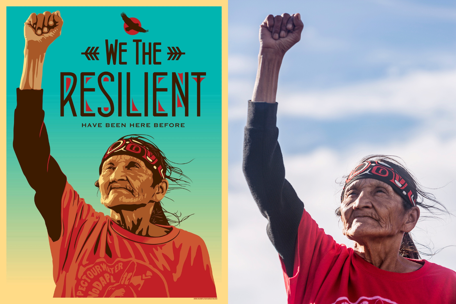 A diptych of a poster and portrait of Helen Redfeather raising her right arm.