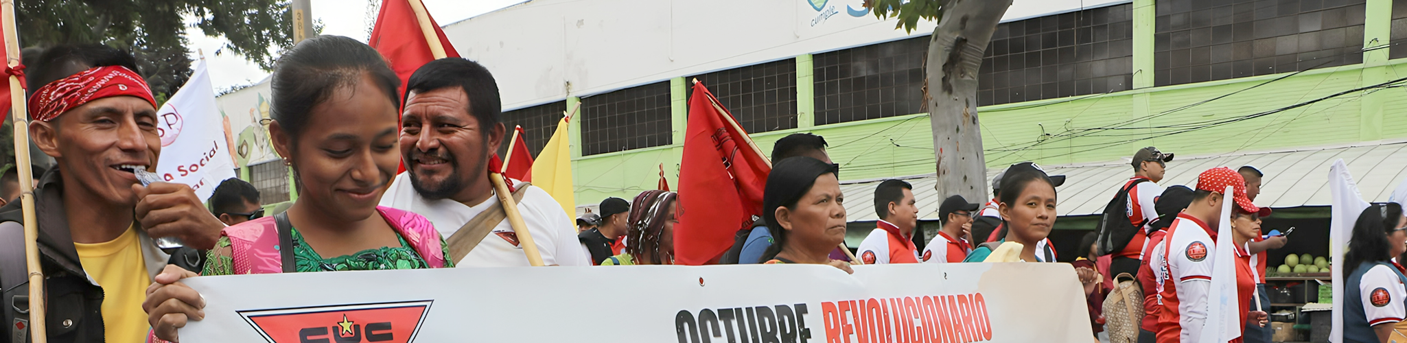 Protesters walking on the street, holding a banner.